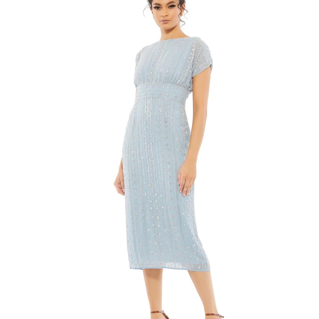 Mac Duggal Beaded Cap Sleeve Column Midi Dress Slate Blue Wedding Party Summer